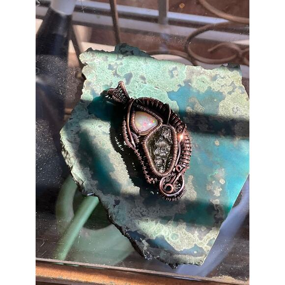 Intricate Moldavite With Opal Wire Wrap Pendant - Picture 10 of 11